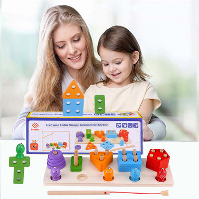 Wood Math Shape Puzzle Fishing Game Puzzles Toys 2 in 1