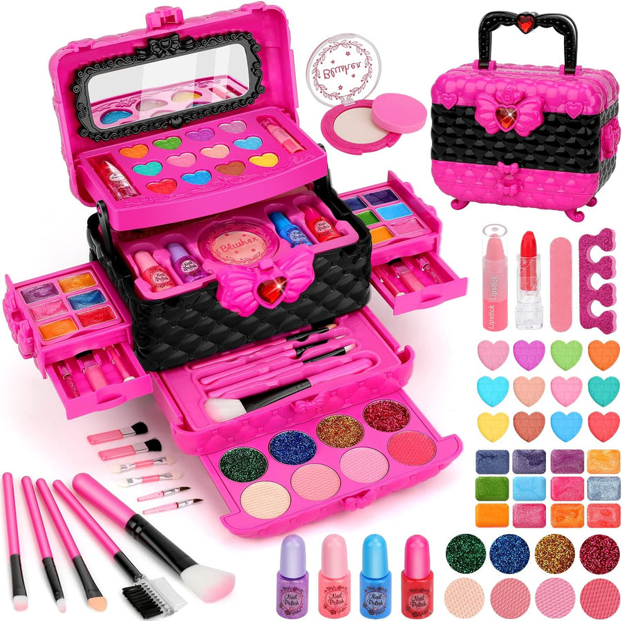 Aureyung Real Kids Makeup Kit 54 PCS, Washable Formula Non-Toxic, Princess Toys for Girls Ages 3-12 , Rose Red