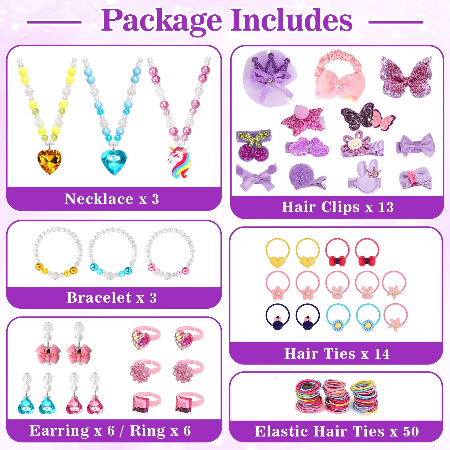 Aureyung Kids Jewelry Kit 47 PCS, Girls Dress Up Play Jewelry Set, Toys Ages 3-12