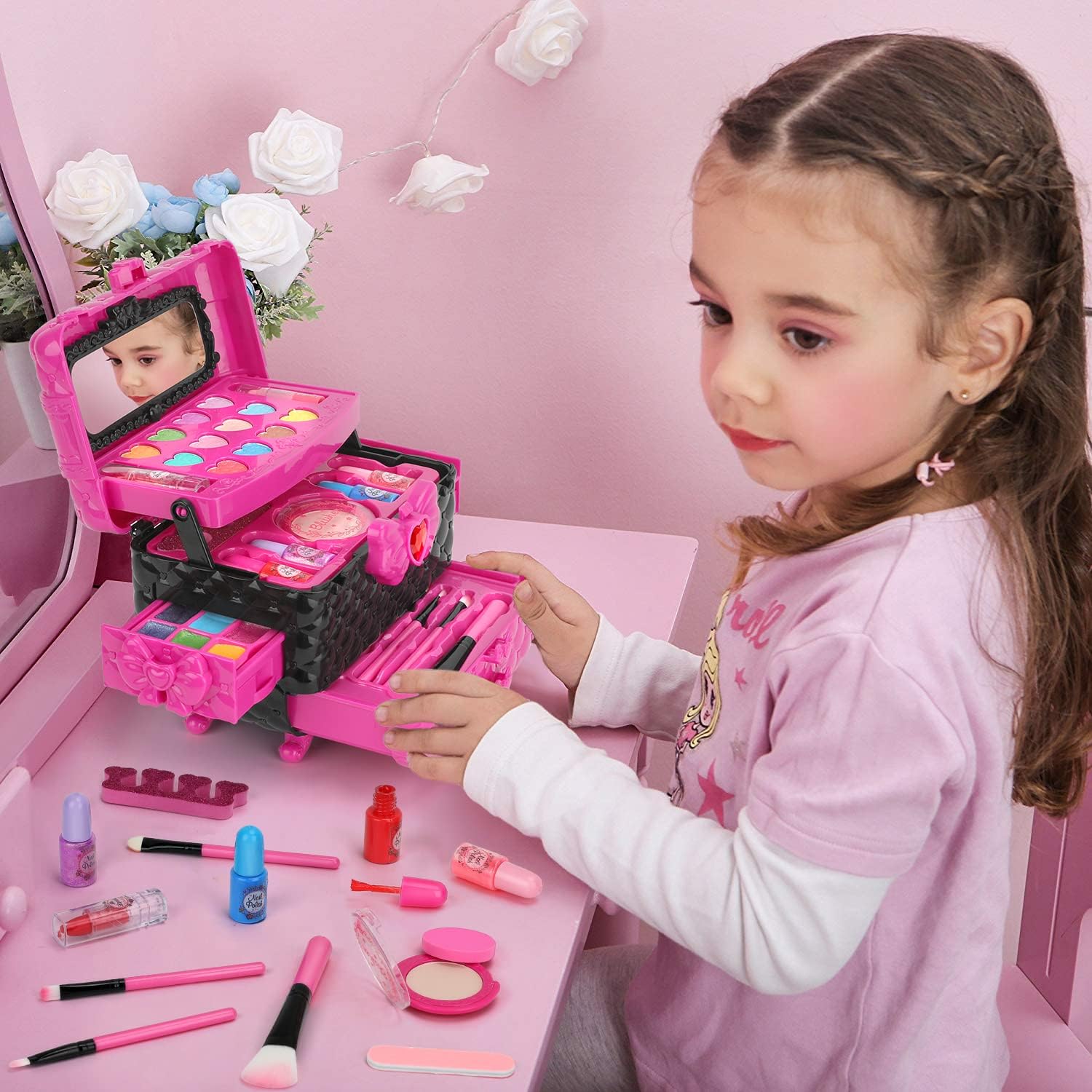 Aureyung Real Kids Makeup Kit 54 PCS, Washable Formula Non-Toxic, Princess Toys for Girls Ages 3-12 , Rose Red