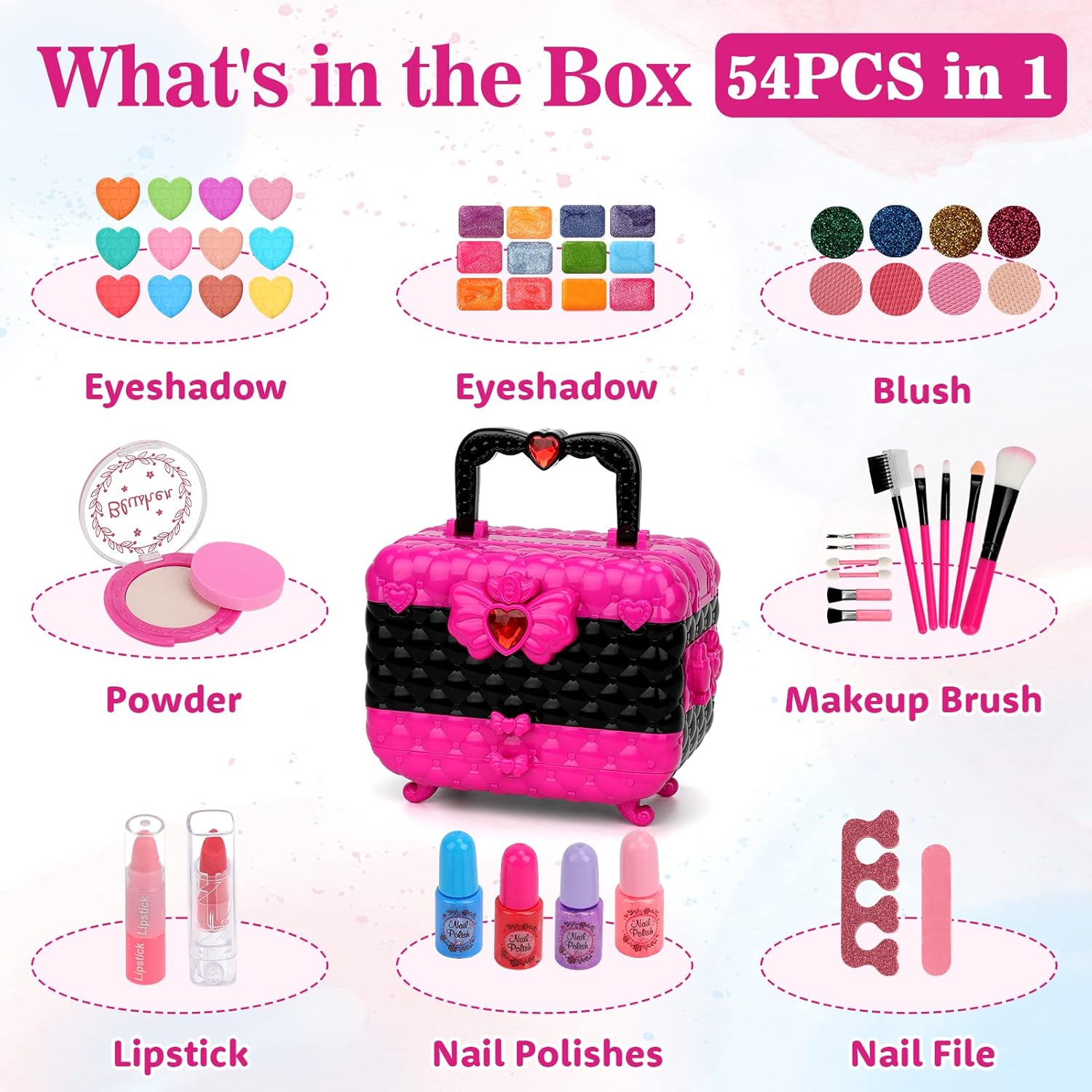 Aureyung Real Kids Makeup Kit 54 PCS, Washable Formula Non-Toxic, Princess Toys for Girls Ages 3-12 , Rose Red