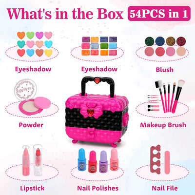 Aureyung Real Kids Makeup Kit 54 PCS, Washable Formula Non-Toxic, Princess Toys for Girls Ages 3-12 , Rose Red
