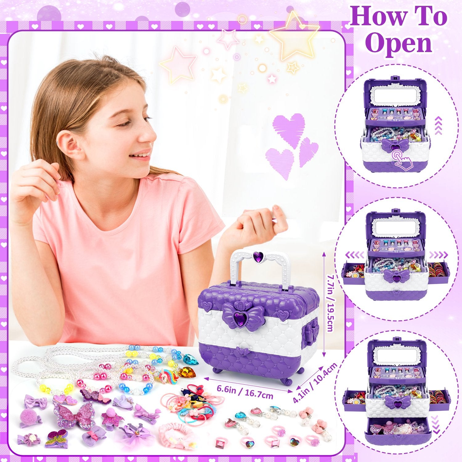 Aureyung Kids Jewelry Kit 47 PCS, Girls Dress Up Play Jewelry Set, Toys Ages 3-12