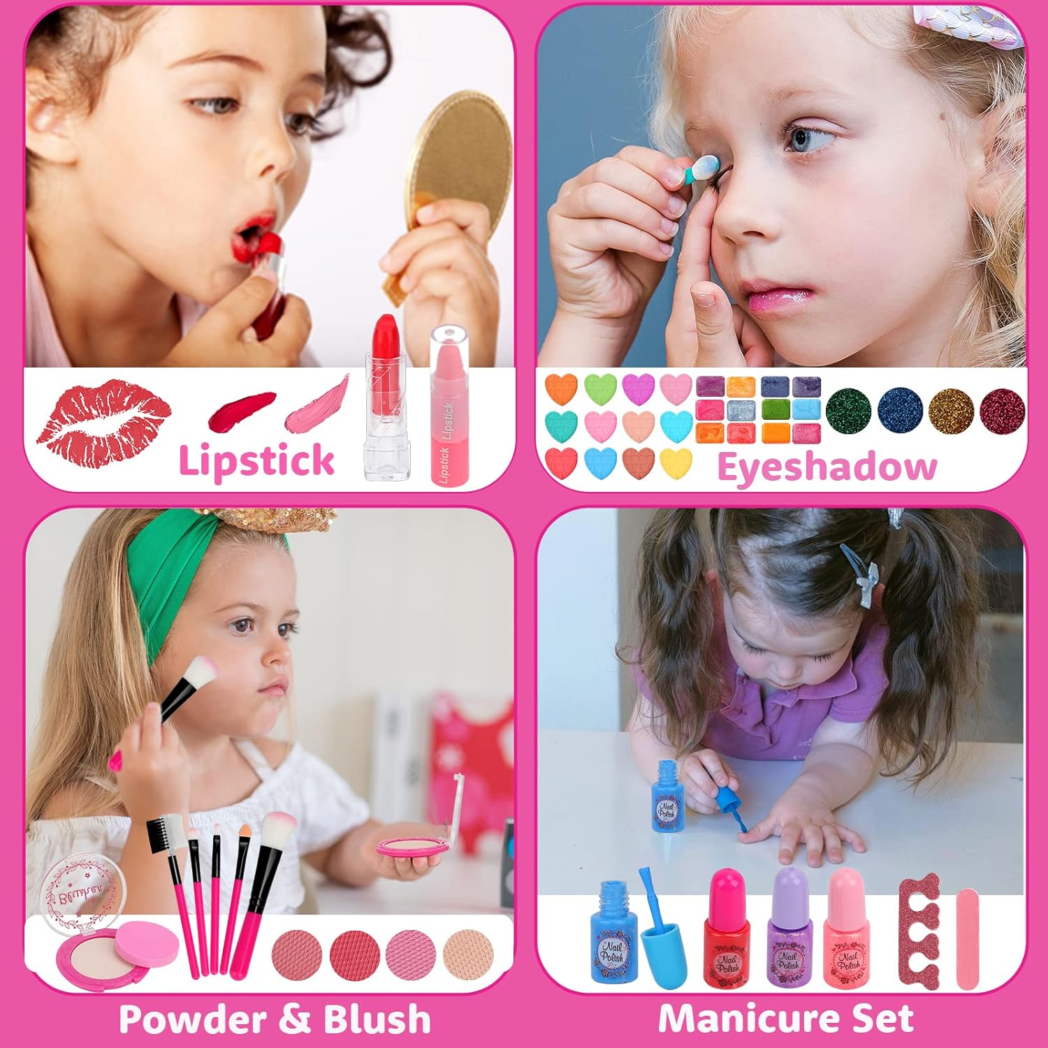 Aureyung Real Kids Makeup Kit 54 PCS, Washable Formula Non-Toxic, Princess Toys for Girls Ages 3-12 , Rose Red