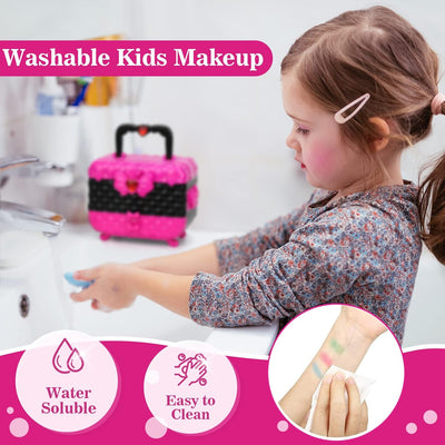 Aureyung Real Kids Makeup Kit 54 PCS, Washable Formula Non-Toxic, Princess Toys for Girls Ages 3-12 , Rose Red