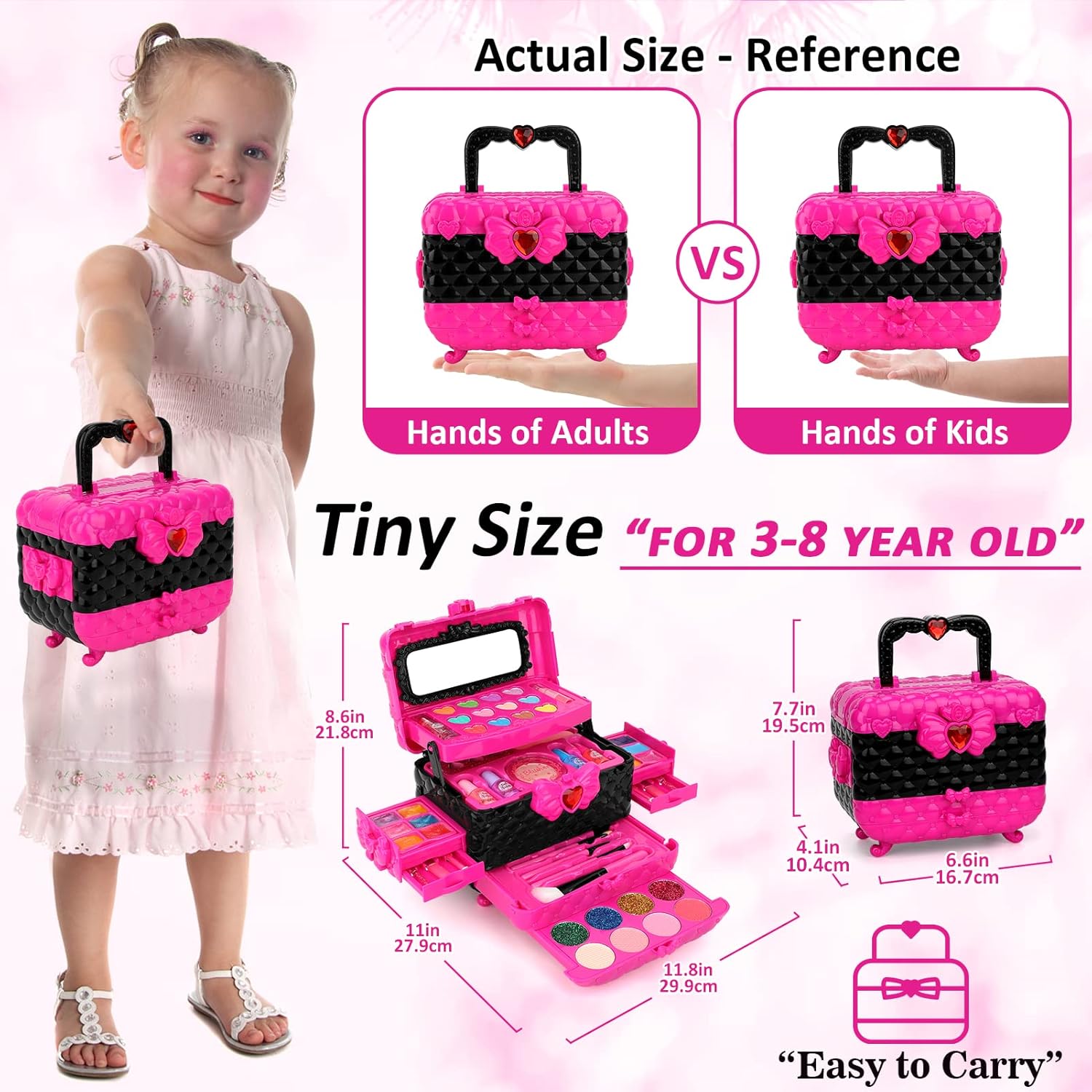 Aureyung Real Kids Makeup Kit 54 PCS, Washable Formula Non-Toxic, Princess Toys for Girls Ages 3-12 , Rose Red