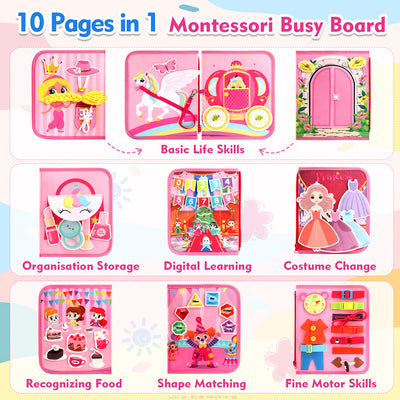 Flybay Busy Board Montessori Toys for Girls, Busy Book for 1-3 Year Old, Sensory Educational Activities for Learning Fine Motor Skills, Toddler Toys