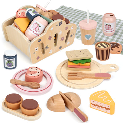 Flybay Wooden Picnic Playset for Toddlers, Pretend Play Food & Kitchen Accessories, Educational Role Play Toy, Birthday Gift for Kids Aged 3-5