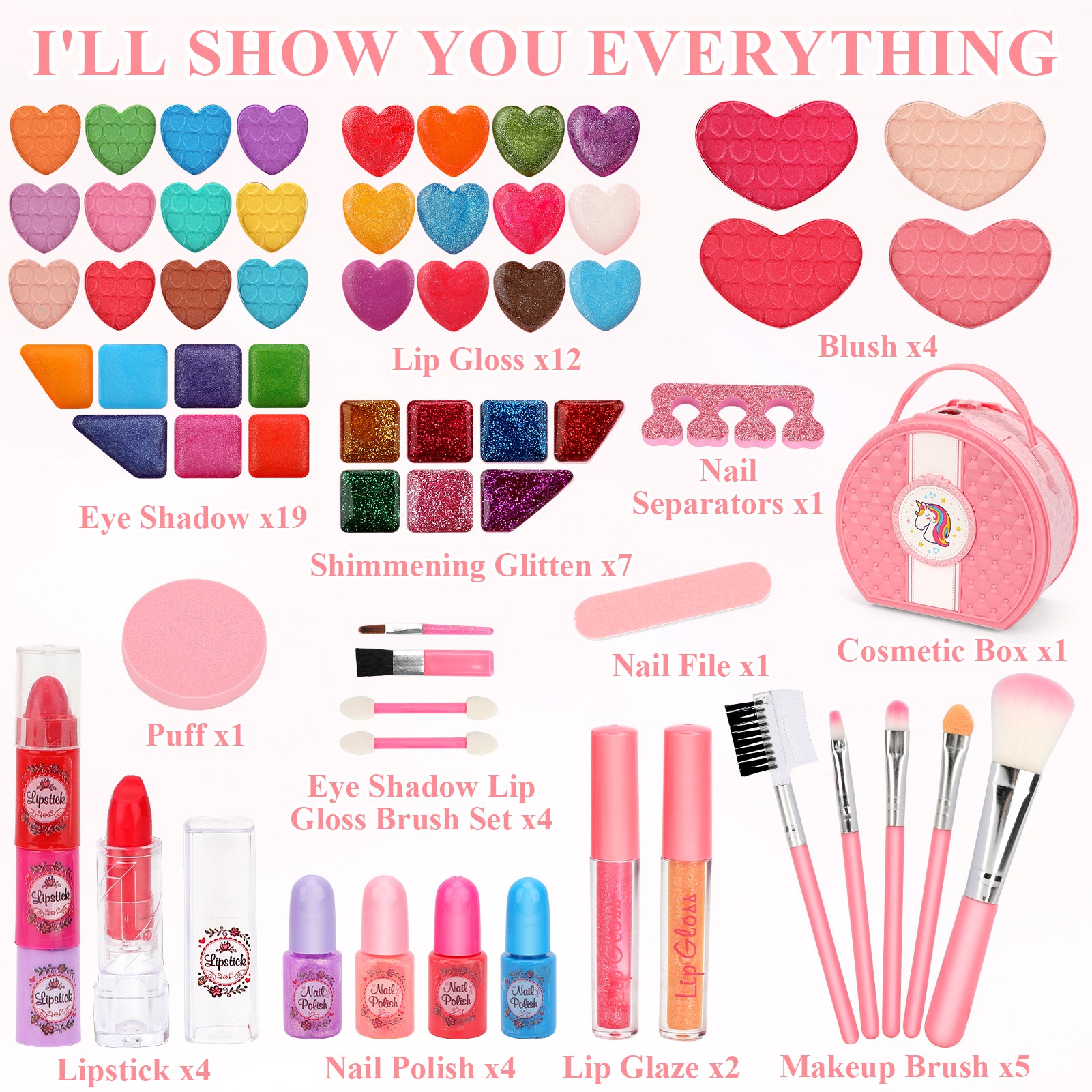 Kids Makeup Kit for Girl, 66 Pcs Washable Makeup Set for Little Girls, Real Cosmetic Set Pretend Play Makeup Toy Beauty Set Christmas & Birthday Gift Age 3 4 5 6 7 8 9+ Year Old Kids Toddler Toys