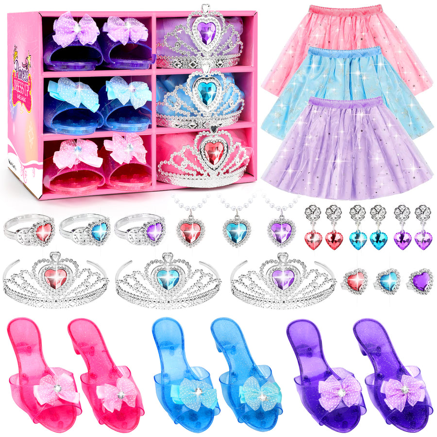 Flybay Princess Dress Up for Girls, Toddler Dress up Toys Costumes Set incl Skirts, Shoes, Crowns, Pretend Play Birthday Christmas Gifts for 3 4 5 6 7 Year Old Girls