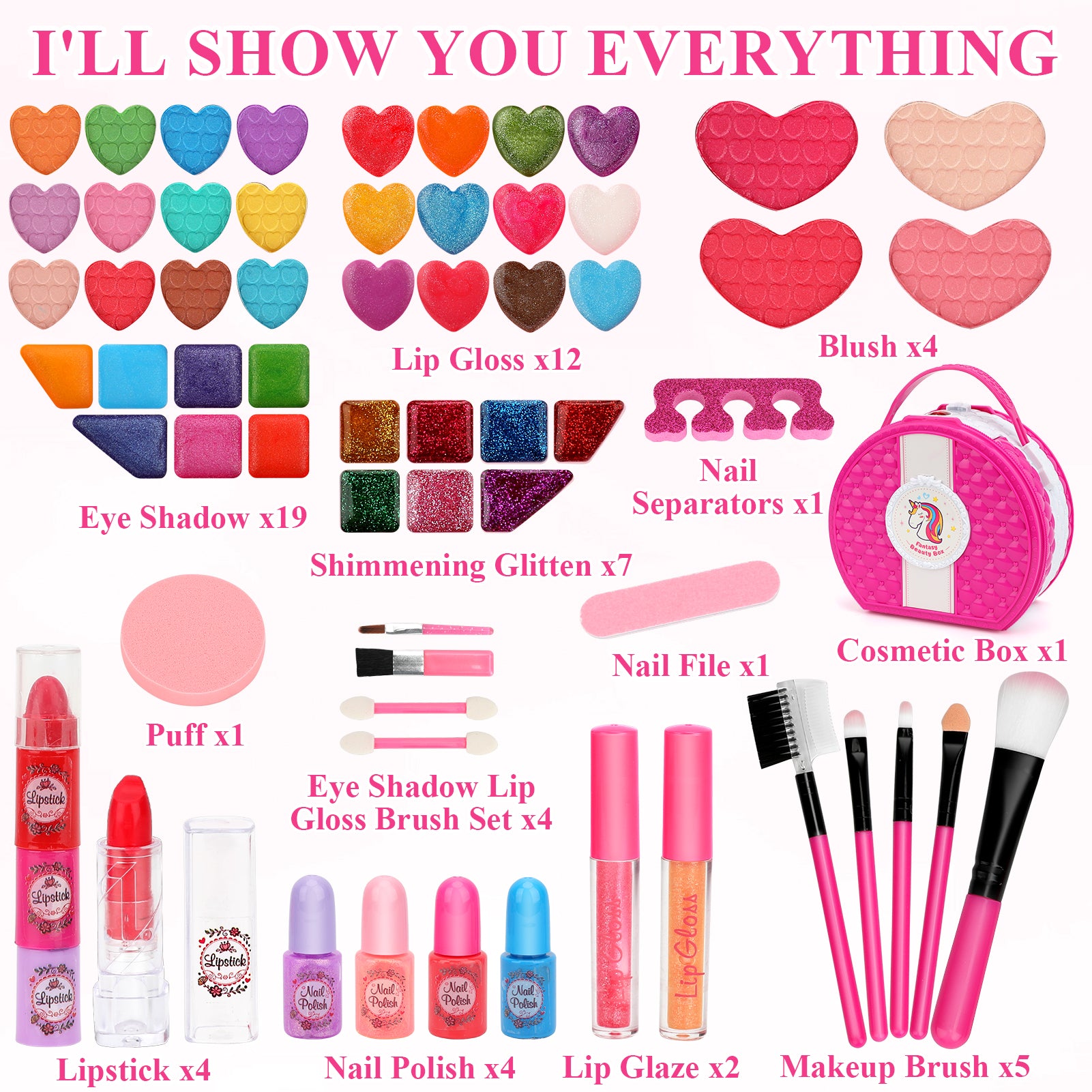 Kids Makeup Kit for Girl, 66 Pcs Washable Makeup Set for Little Girls, Real Cosmetic Set Pretend Play Makeup Toy Beauty Set Christmas & Birthday Gift Age 3 4 5 6 7 8 9+ Year Old Kids Toddler Toys(Rose))