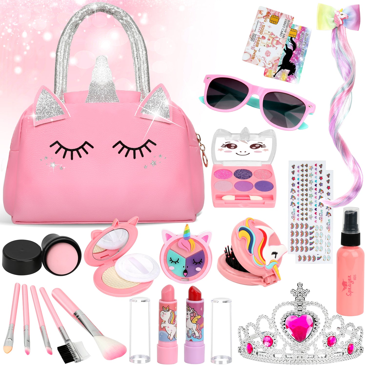 Flybay Pretend Makeup Kit for Girls, Fake Play Makeup Kit, Toddler Dress Up Cosmetic Playset for Girls Ages 3+, Birthday Christmas Holiday Gift(Not Real Makeup)