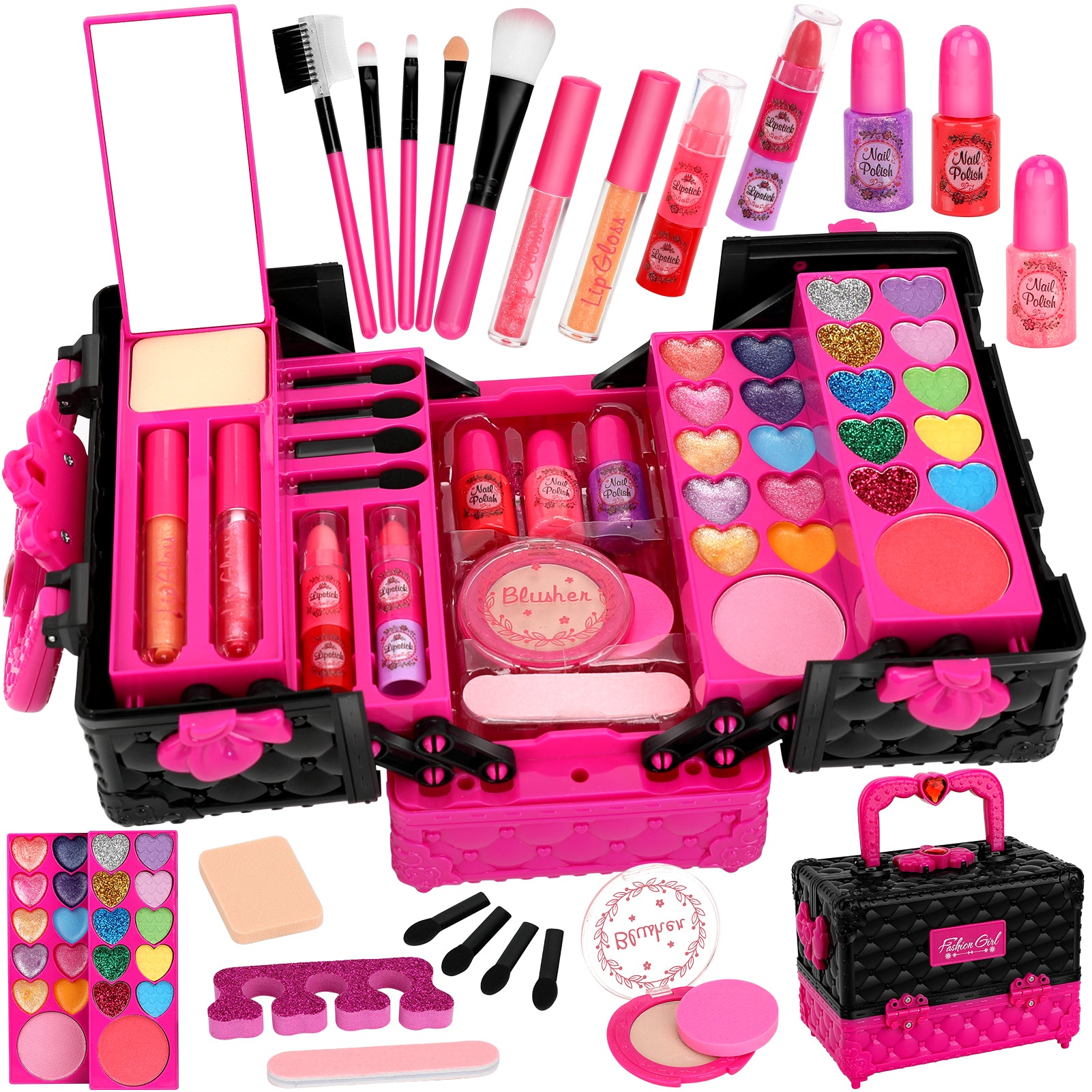 Feibely Kids Makeup Kit for Girl, 45 Pcs Washable Girls Makup Kit Princess Toys, Play Make Up Birthday Gifts for 3 4 5 6 7 8 9 10 11 12 Years Old Kid