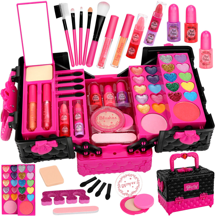Feibely Kids Makeup Kit for Girl, 45 Pcs Washable Girls Makup Kit Princess Toys, Play Make Up Birthday Gifts for 3 4 5 6 7 8 9 10 11 12 Years Old Kid