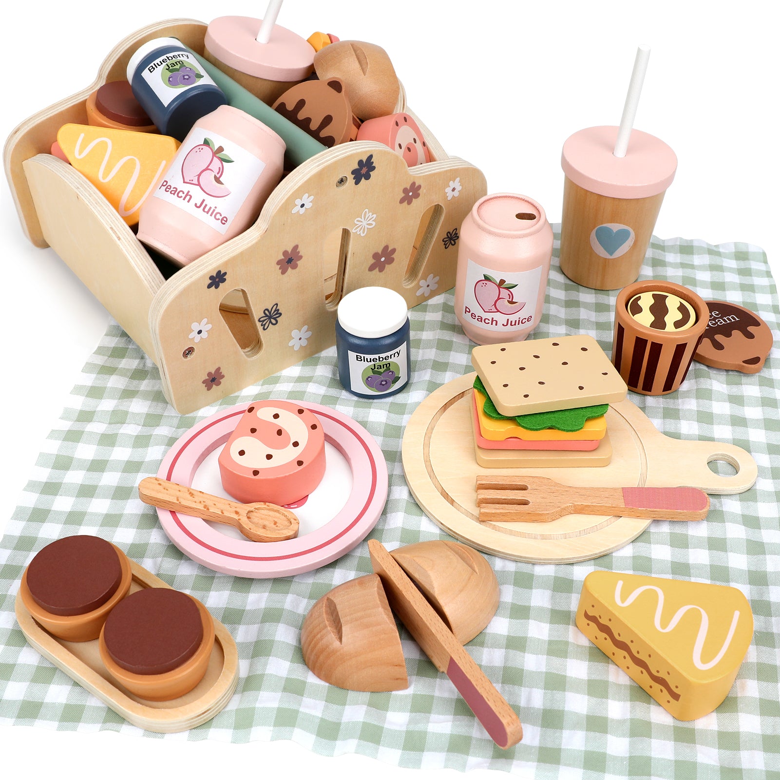 Flybay Wooden Picnic Playset for Toddlers, Pretend Play Food & Kitchen Accessories, Educational Role Play Toy, Birthday Gift for Kids Aged 3-5