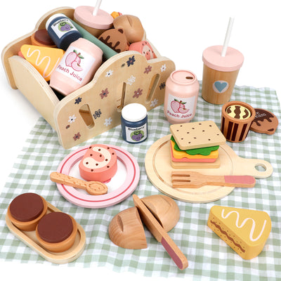Flybay Wooden Picnic Playset for Toddlers, Pretend Play Food & Kitchen Accessories, Educational Role Play Toy, Birthday Gift for Kids Aged 3-5