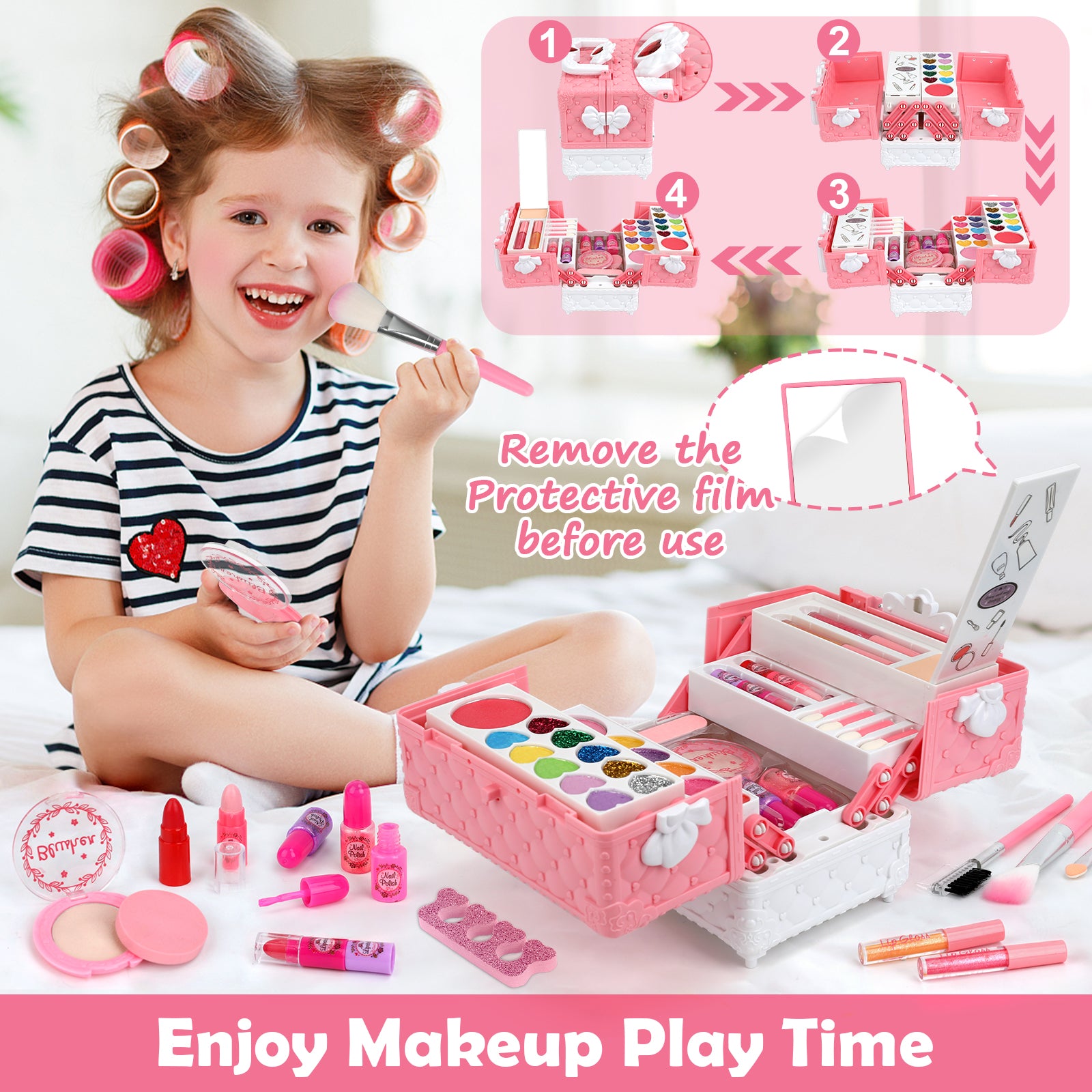 Feibely Kids Makeup Kit Girls Toys, Washable Kids Makeup Kit for Girls, Princess Play Make Up Toy Birthday Gift for Girls Age 3-12