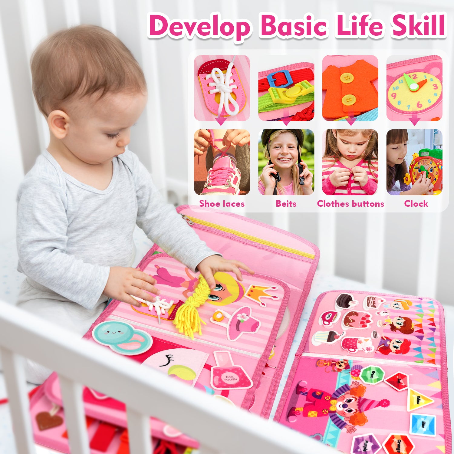 Flybay Busy Board Montessori Toys for Girls, Busy Book for 1-3 Year Old, Sensory Educational Activities for Learning Fine Motor Skills, Toddler Toys