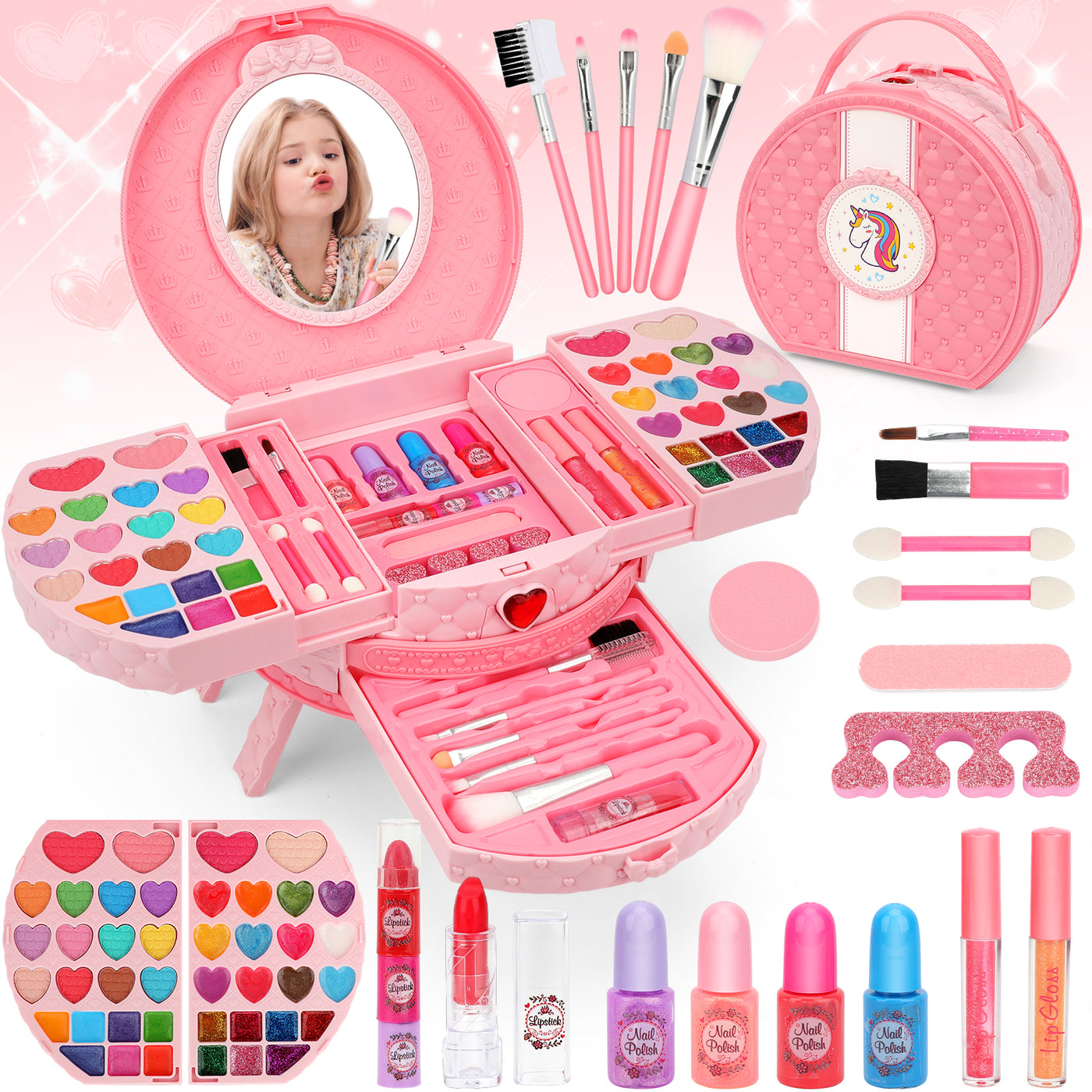Kids Makeup Kit for Girl, 66 Pcs Washable Makeup Set for Little Girls, Real Cosmetic Set Pretend Play Makeup Toy Beauty Set Christmas & Birthday Gift Age 3 4 5 6 7 8 9+ Year Old Kids Toddler Toys