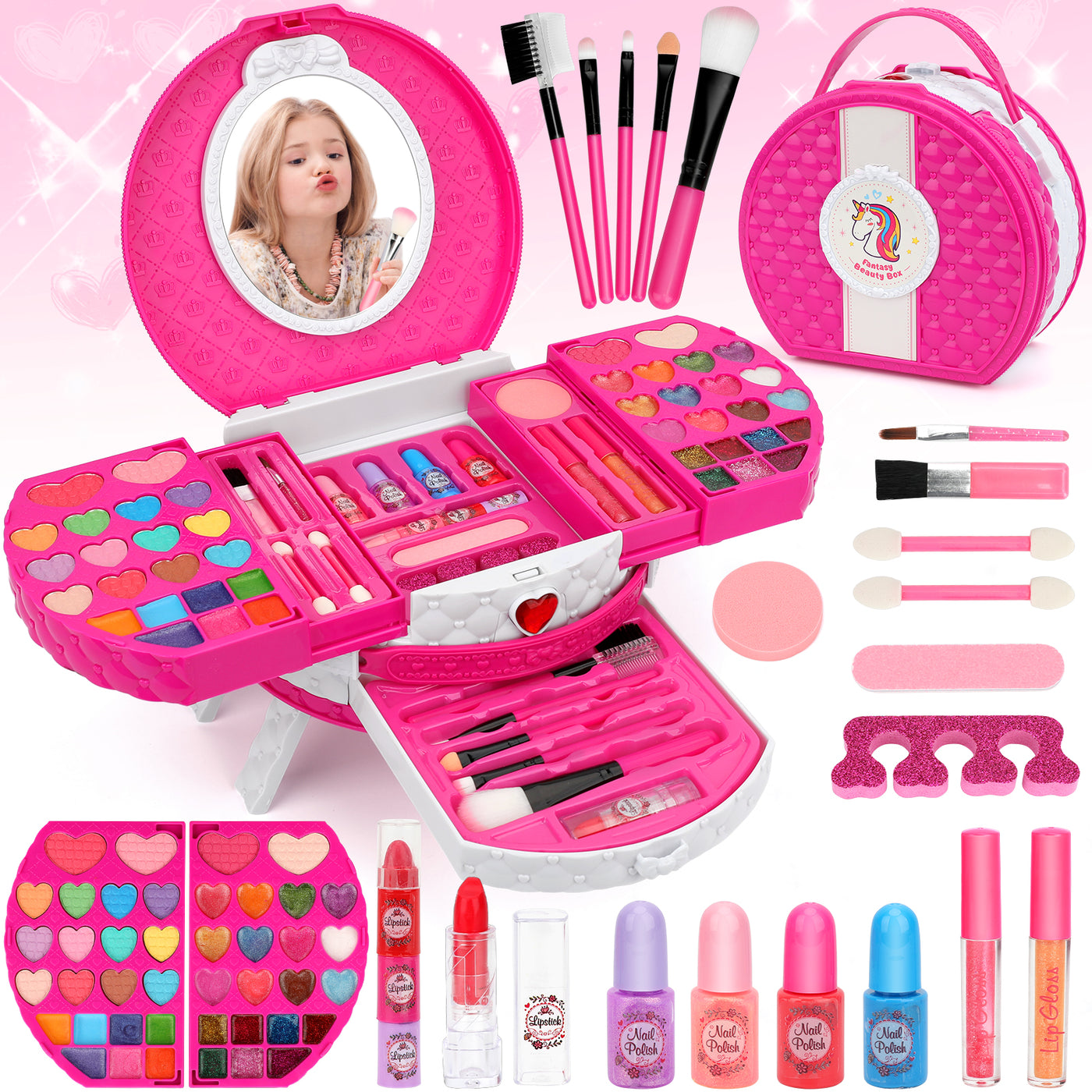 Kids Makeup Kit for Girl, 66 Pcs Washable Makeup Set for Little Girls, Real Cosmetic Set Pretend Play Makeup Toy Beauty Set Christmas & Birthday Gift Age 3 4 5 6 7 8 9+ Year Old Kids Toddler Toys(Rose))