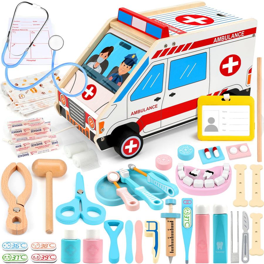 Flybay Wooden Doctor Kit for Toddlers, 45 Pcs Pretend Play Medical Set with Ambulance for Kids Ages 3-6