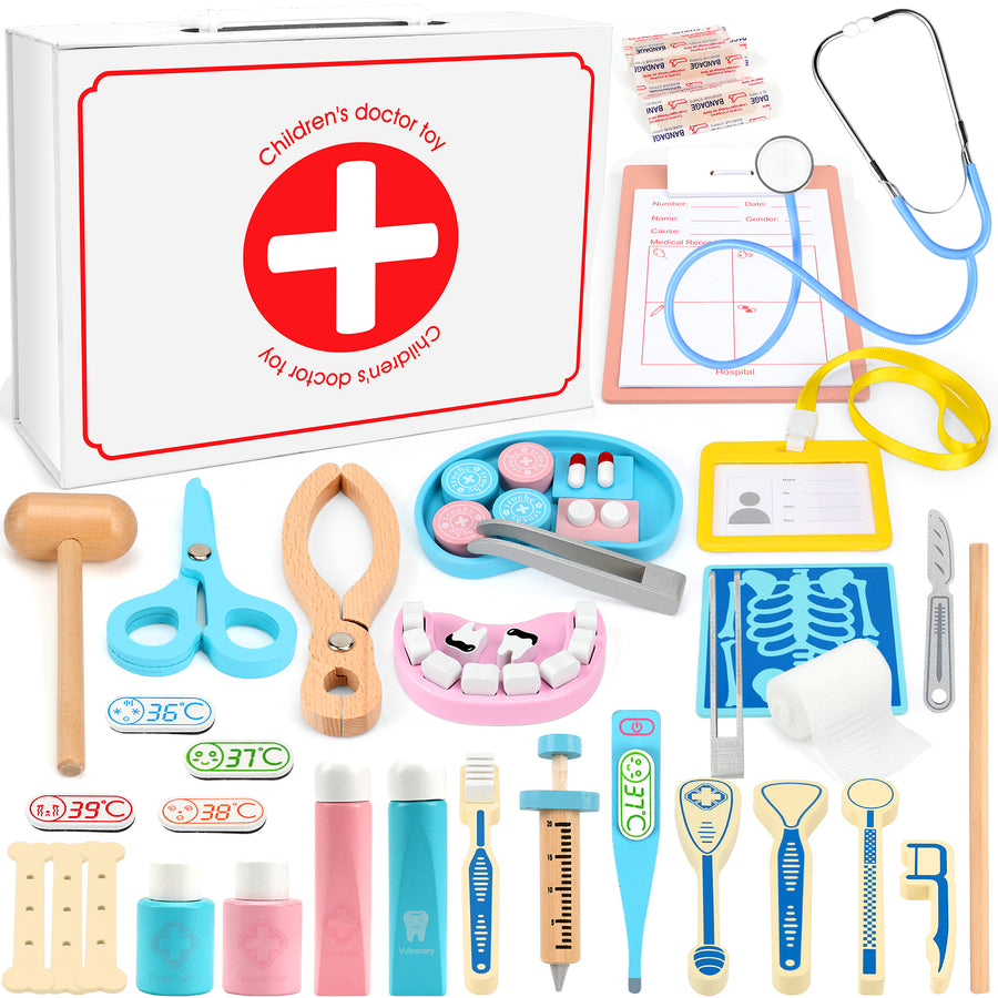 Flybay Wooden Doctor Play Set, 42+ Kids Doctor Kit for Toddlers with Storage Carry Case, Pretend Play Toys for Kids Boys and Girls Ages 3+