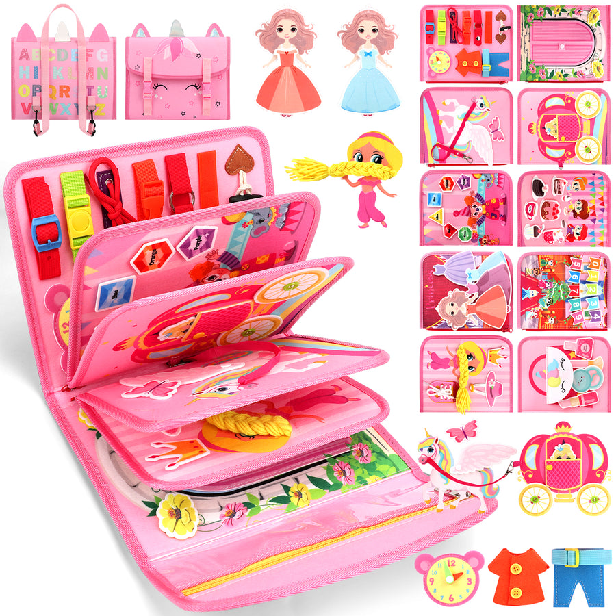 Flybay Busy Board Montessori Toys for Girls, Busy Book for 1-3 Year Old, Sensory Educational Activities for Learning Fine Motor Skills, Toddler Toys