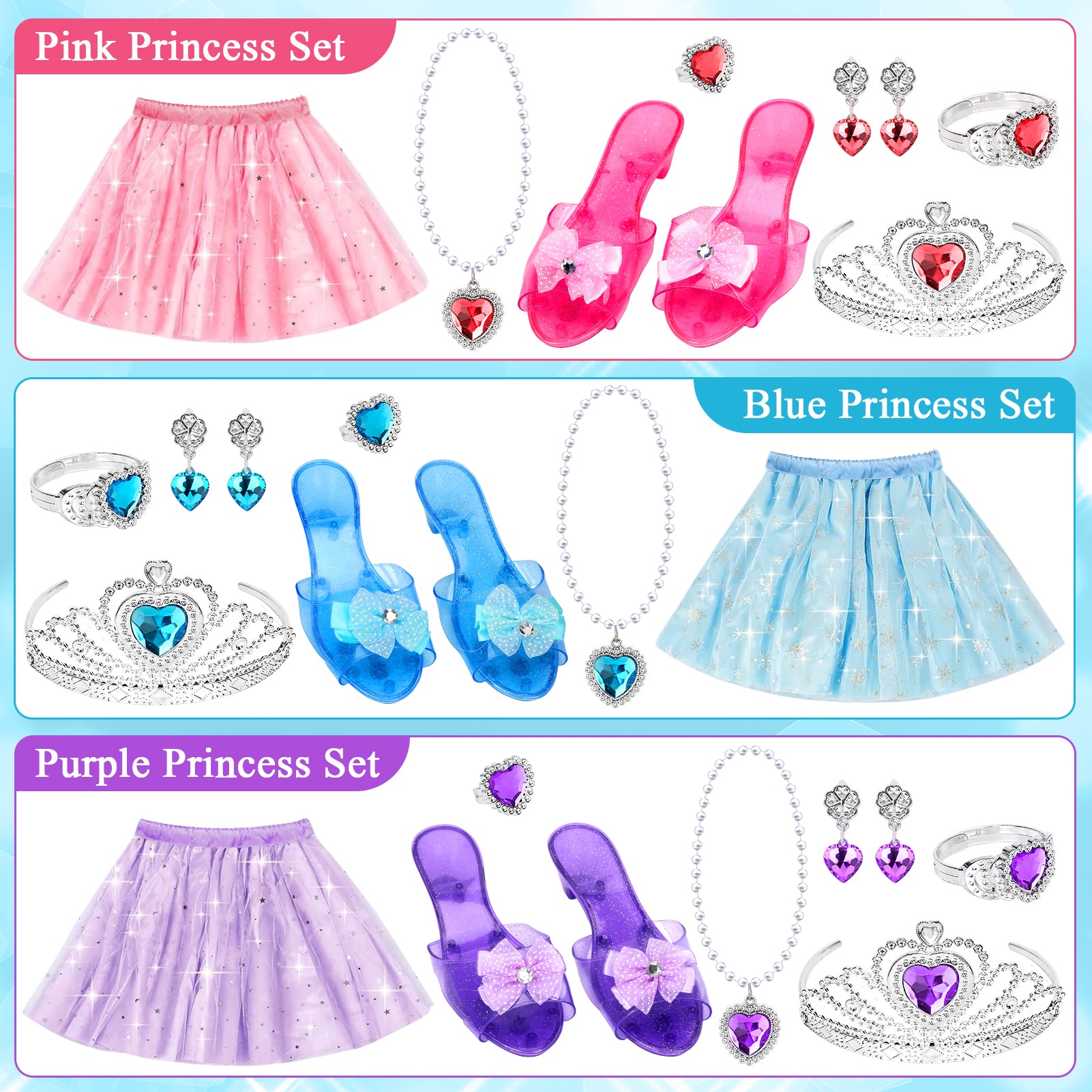 Flybay Princess Dress Up for Girls, Toddler Dress up Toys Costumes Set incl Skirts, Shoes, Crowns, Pretend Play Birthday Christmas Gifts for 3 4 5 6 7 Year Old Girls