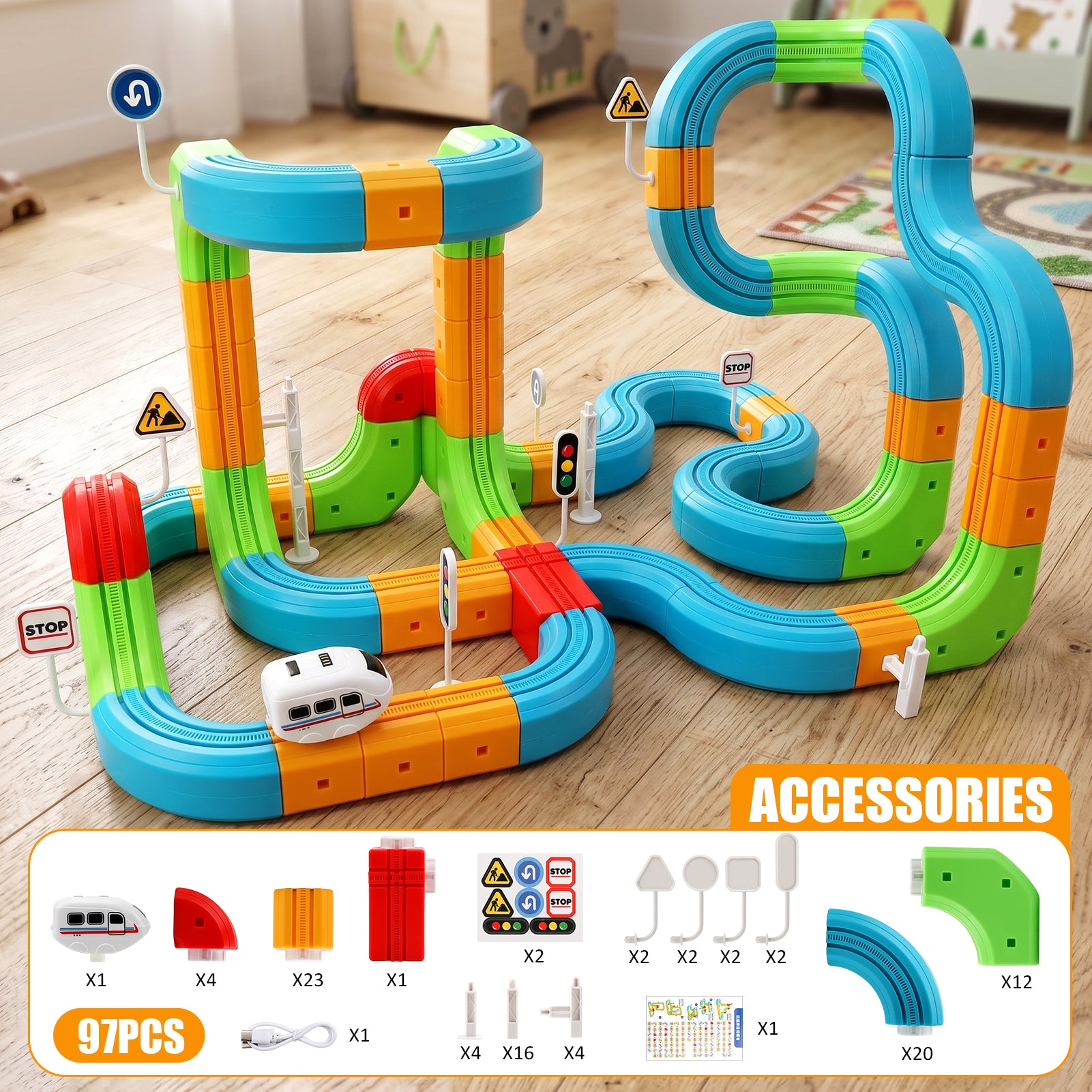 Electric Train Set Tracks, Sendida 3D Infinity Modular Building Blocks STEM Learning Toy for Kids Toddlers Boys & Girls Freely Assembled Race Tracks with Electric Train (Standard Edition)