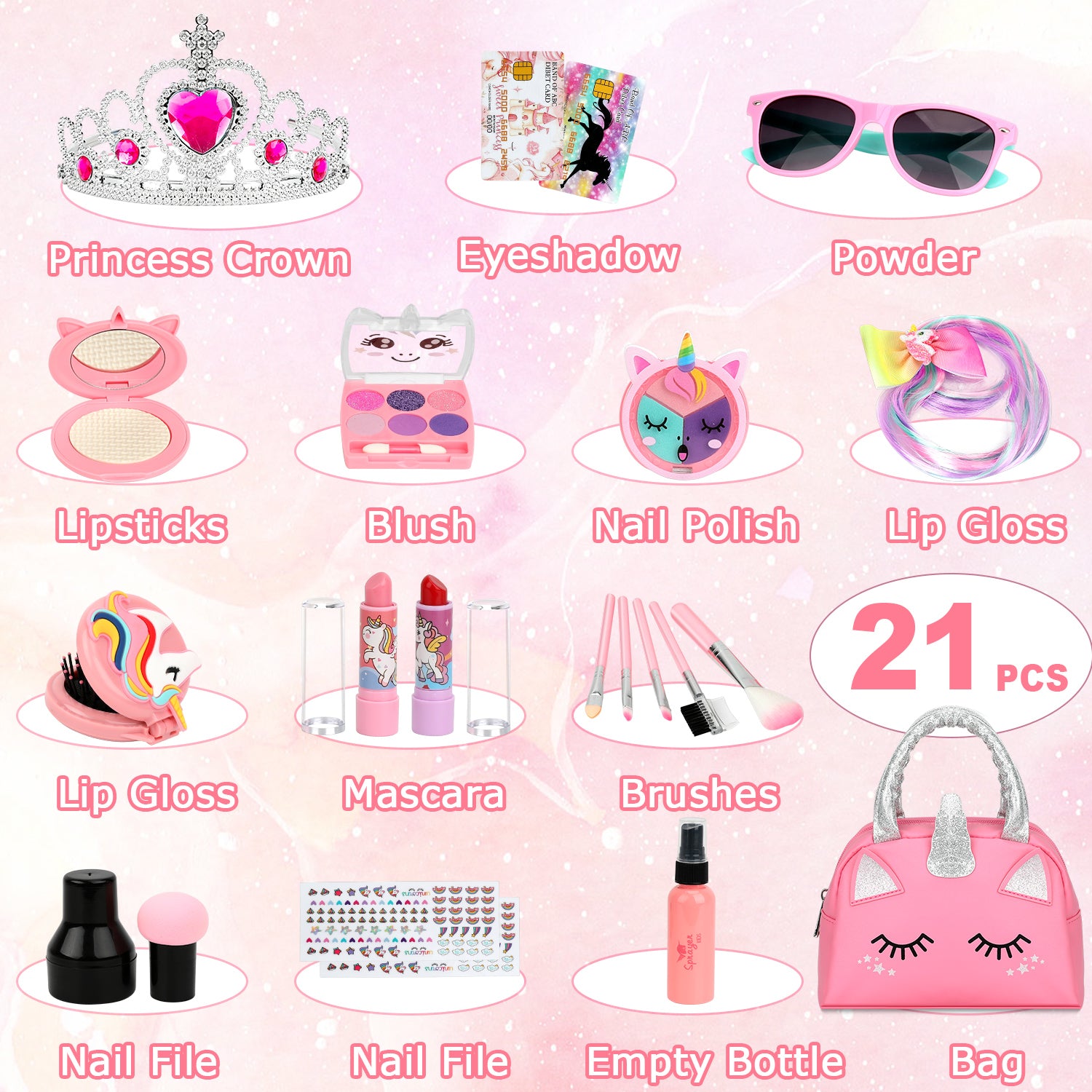 Flybay Pretend Makeup Kit for Girls, Fake Play Makeup Kit, Toddler Dress Up Cosmetic Playset for Girls Ages 3+, Birthday Christmas Holiday Gift(Not Real Makeup)