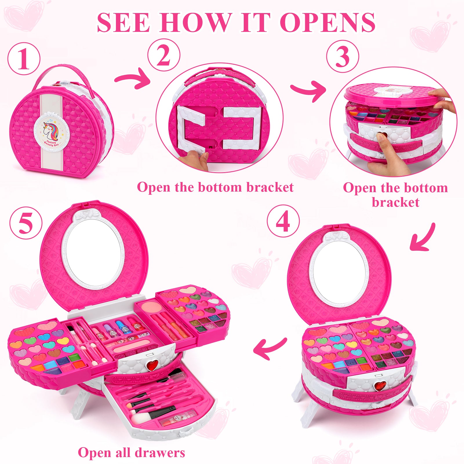 Kids Makeup Kit for Girl, 66 Pcs Washable Makeup Set for Little Girls, Real Cosmetic Set Pretend Play Makeup Toy Beauty Set Christmas & Birthday Gift Age 3 4 5 6 7 8 9+ Year Old Kids Toddler Toys(Rose))