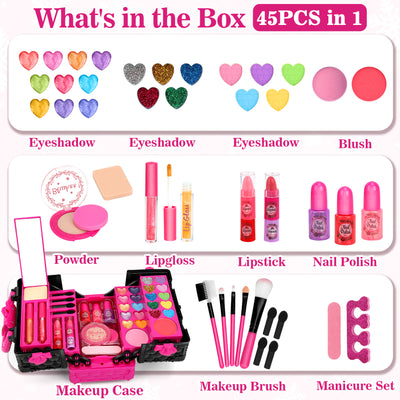Feibely Kids Makeup Kit for Girl, 45 Pcs Washable Girls Makup Kit Princess Toys, Play Make Up Birthday Gifts for 3 4 5 6 7 8 9 10 11 12 Years Old Kid