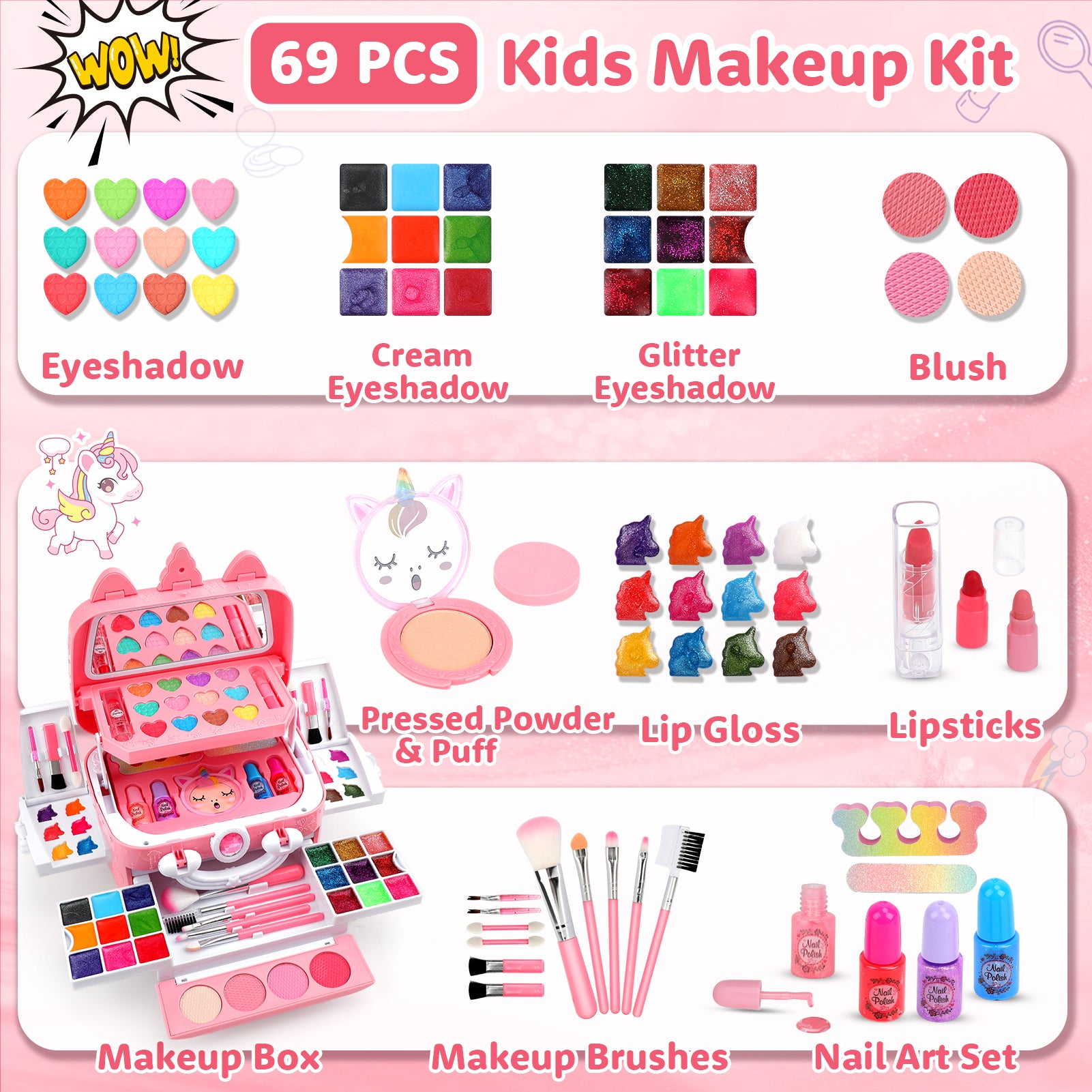 Feibely Kids Makeup Kit Toys for Girls , Washable Makeup Kit for Kids, Princess Toy Birthday Gifts for Girl Ages 3-12