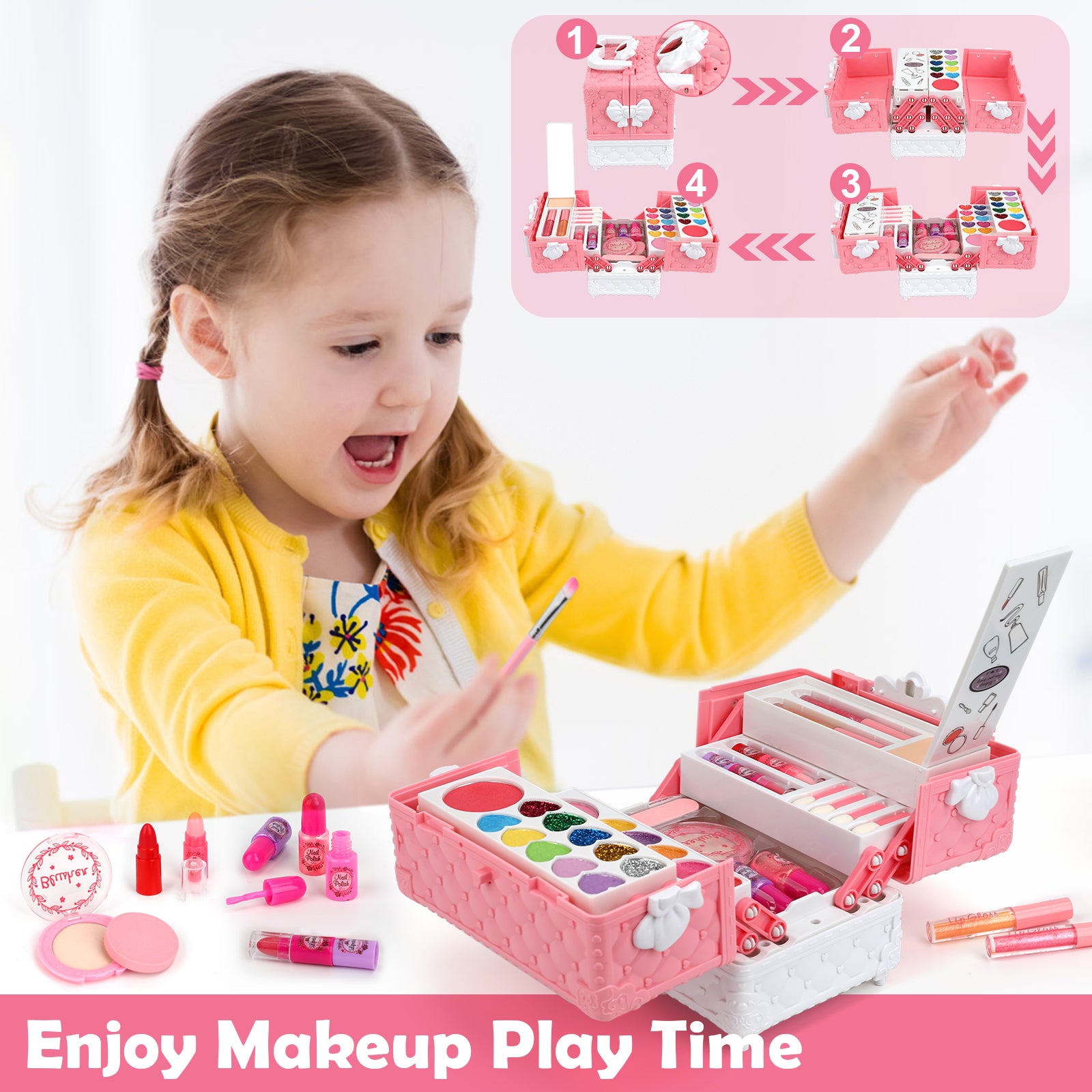Feibely Kids Makeup Kit Girls Toys, Washable Kids Makeup Kit for Girls, Princess Play Make Up Toy Birthday Gift for Girls Age 3-12
