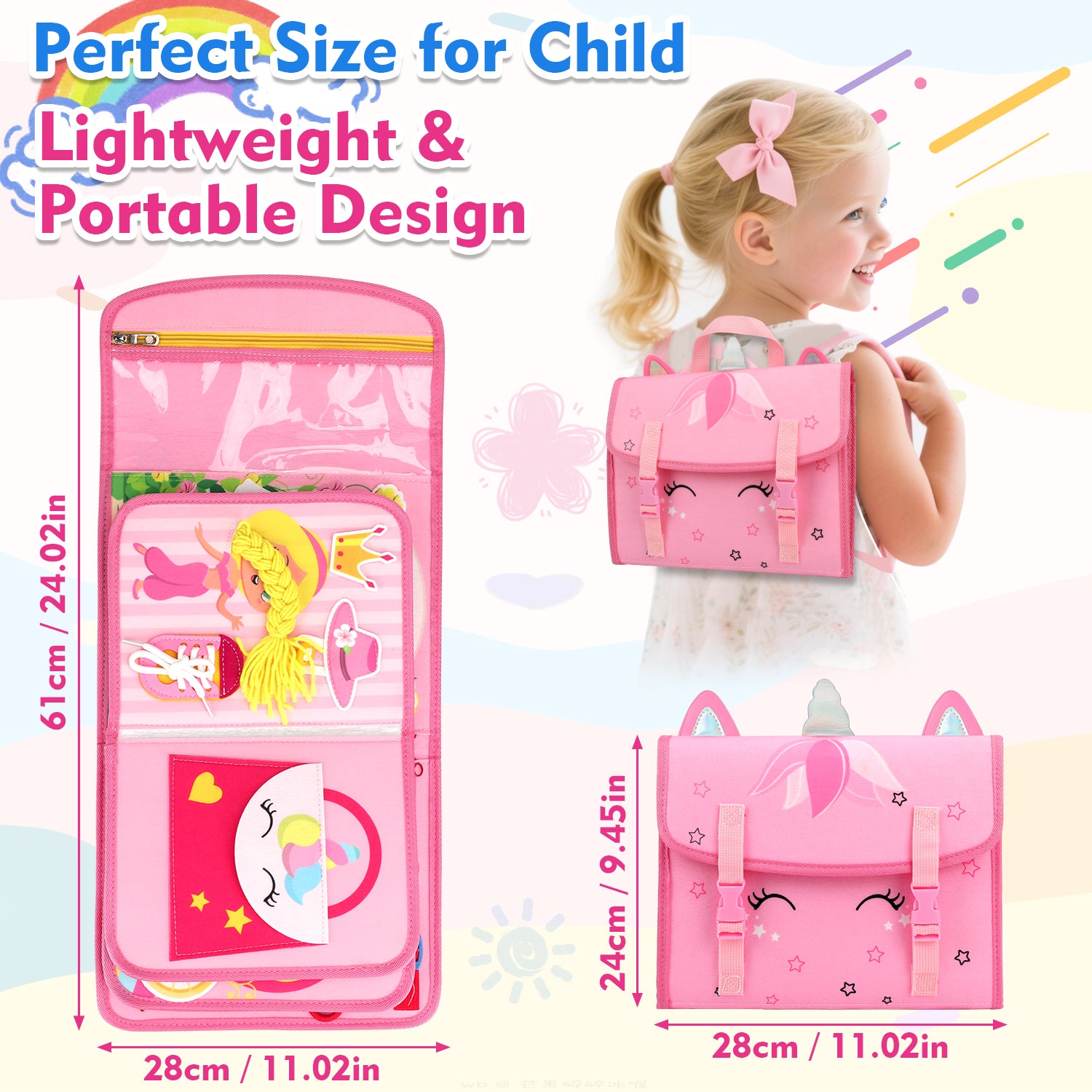 Flybay Busy Board Montessori Toys for Girls, Busy Book for 1-3 Year Old, Sensory Educational Activities for Learning Fine Motor Skills, Toddler Toys