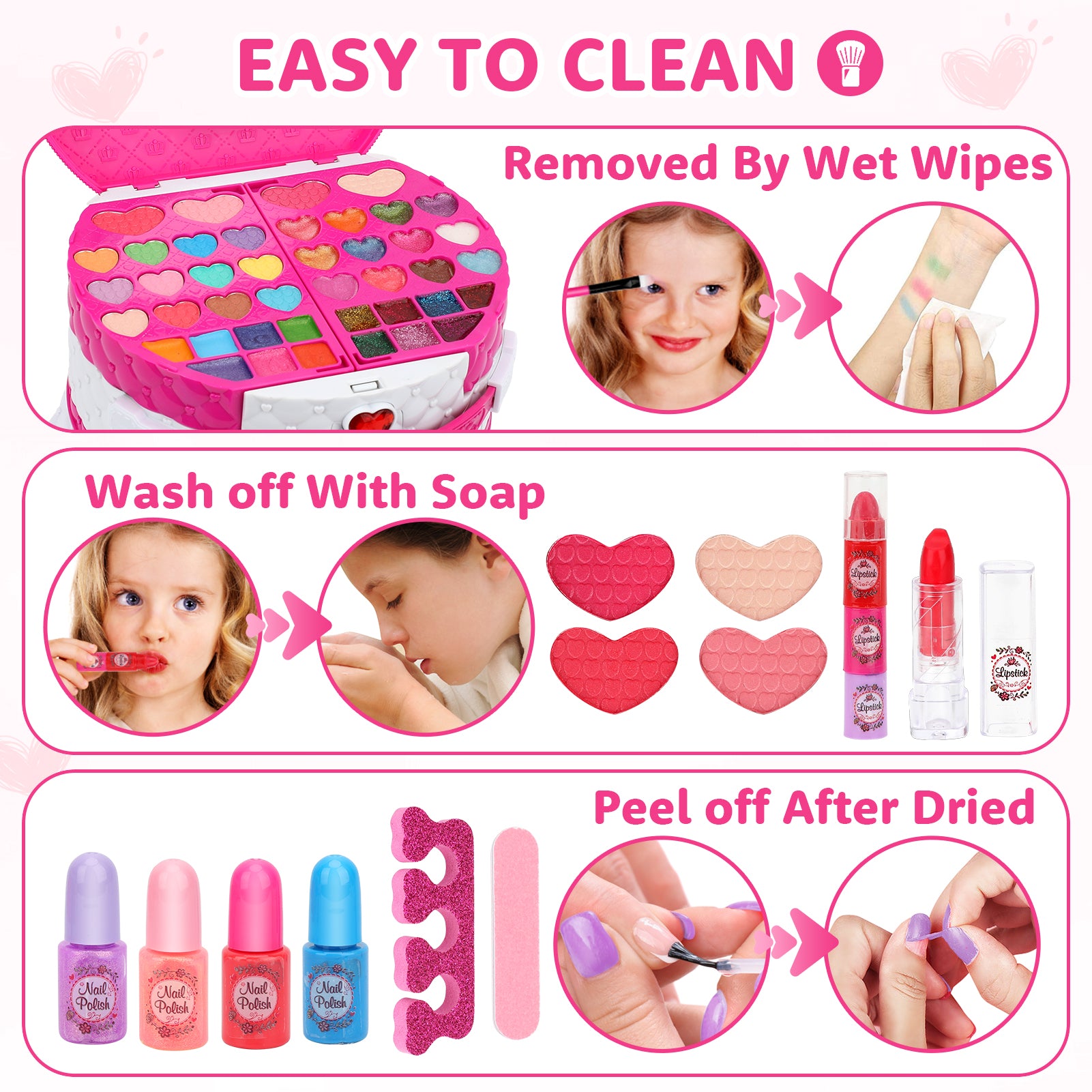 Kids Makeup Kit for Girl, 66 Pcs Washable Makeup Set for Little Girls, Real Cosmetic Set Pretend Play Makeup Toy Beauty Set Christmas & Birthday Gift Age 3 4 5 6 7 8 9+ Year Old Kids Toddler Toys(Rose))