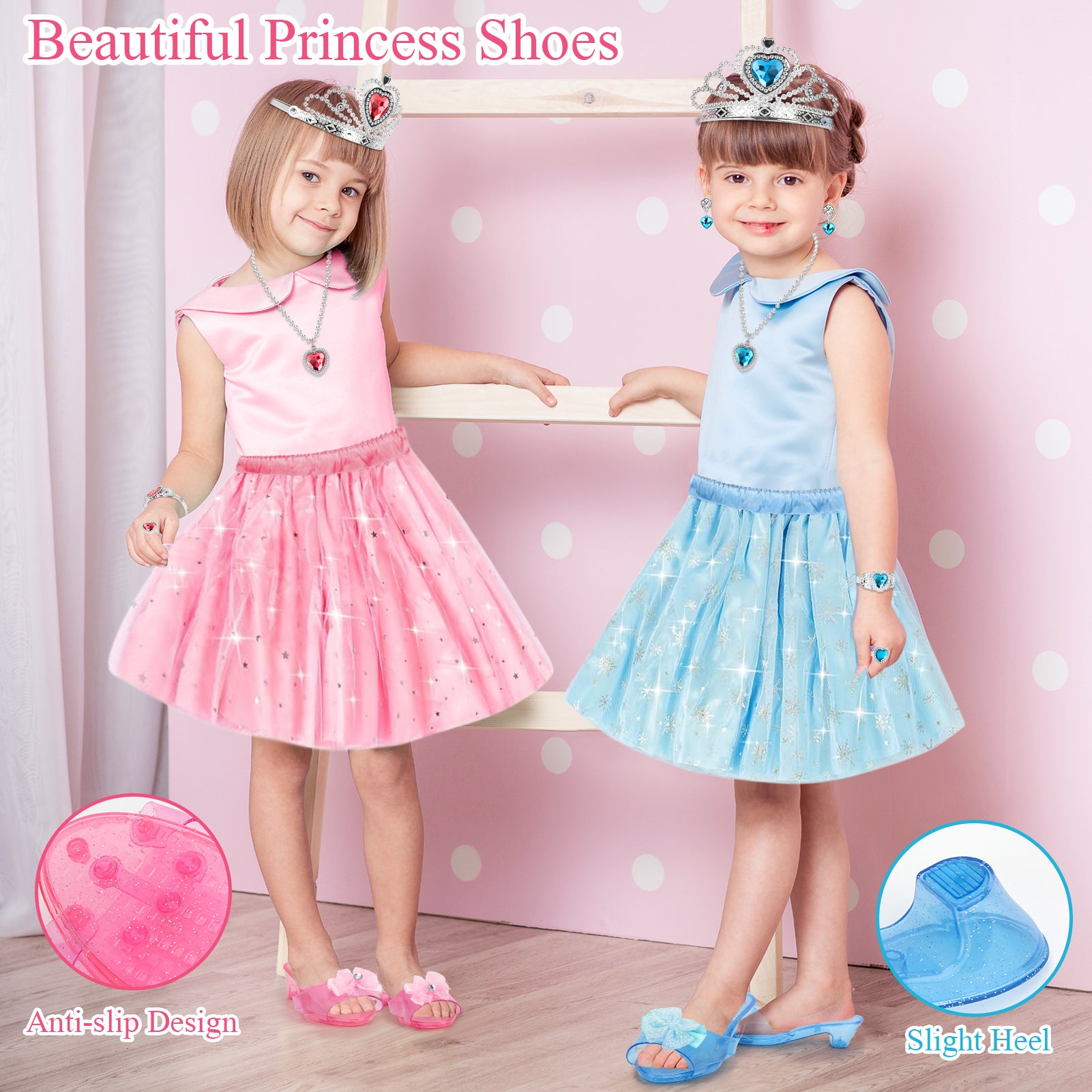 Flybay Princess Dress Up for Girls, Toddler Dress up Toys Costumes Set incl Skirts, Shoes, Crowns, Pretend Play Birthday Christmas Gifts for 3 4 5 6 7 Year Old Girls