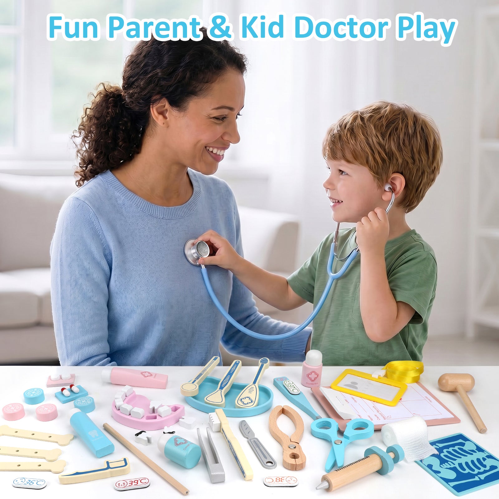 Flybay Wooden Doctor Play Set, 42+ Kids Doctor Kit for Toddlers with Storage Carry Case, Pretend Play Toys for Kids Boys and Girls Ages 3+
