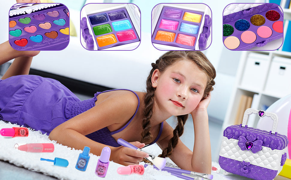 Kids Makeup Kit for Girl Gifts, 54PCS Washable Little Girls Princess Make Up Toys for 4 5 6 7 8 9 Year Old Girl Birthday Gift (Purple)