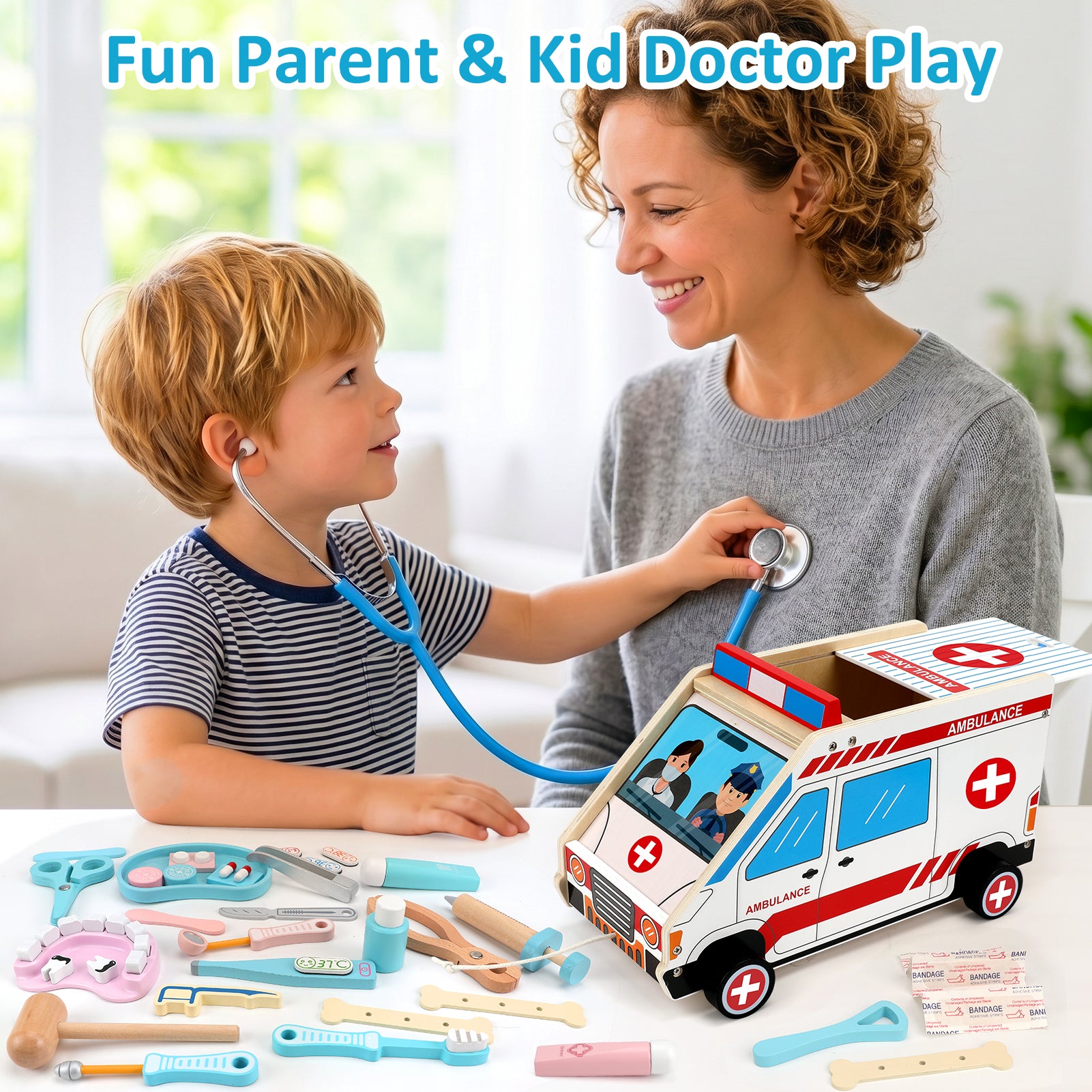 Flybay Wooden Doctor Kit for Toddlers, 45 Pcs Pretend Play Medical Set with Ambulance for Kids Ages 3-6