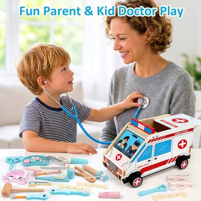 Flybay Wooden Doctor Kit for Toddlers, 45 Pcs Pretend Play Medical Set with Ambulance for Kids Ages 3-6