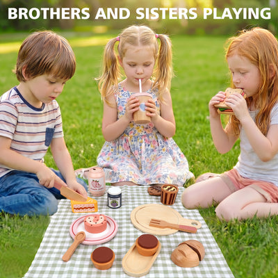 Flybay Wooden Picnic Playset for Toddlers, Pretend Play Food & Kitchen Accessories, Educational Role Play Toy, Birthday Gift for Kids Aged 3-5