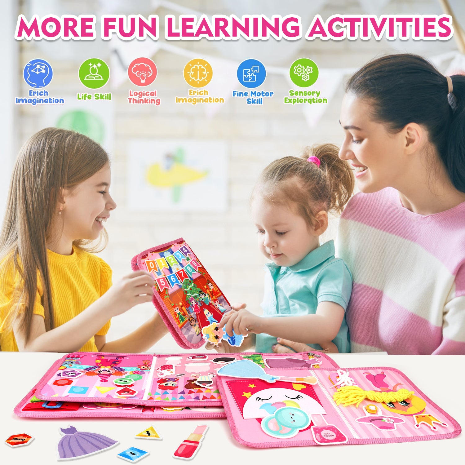 Flybay Busy Board Montessori Toys for Girls, Busy Book for 1-3 Year Old, Sensory Educational Activities for Learning Fine Motor Skills, Toddler Toys