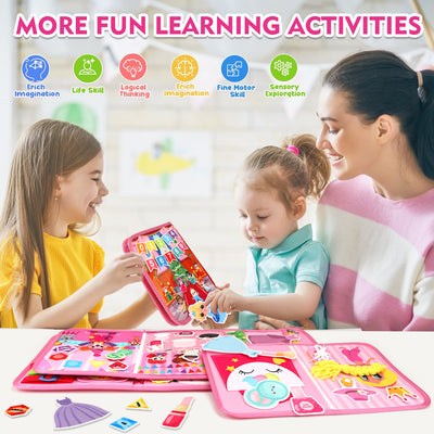 Flybay Busy Board Montessori Toys for Girls, Busy Book for 1-3 Year Old, Sensory Educational Activities for Learning Fine Motor Skills, Toddler Toys