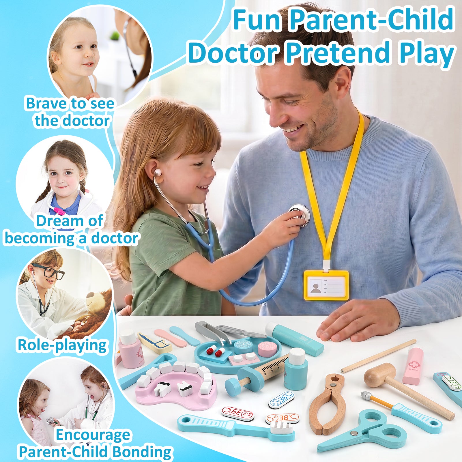 Flybay Wooden Doctor Kit for Toddlers, 45 Pcs Pretend Play Medical Set with Ambulance for Kids Ages 3-6