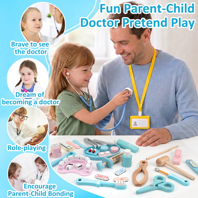Flybay Wooden Doctor Kit for Toddlers, 45 Pcs Pretend Play Medical Set with Ambulance for Kids Ages 3-6