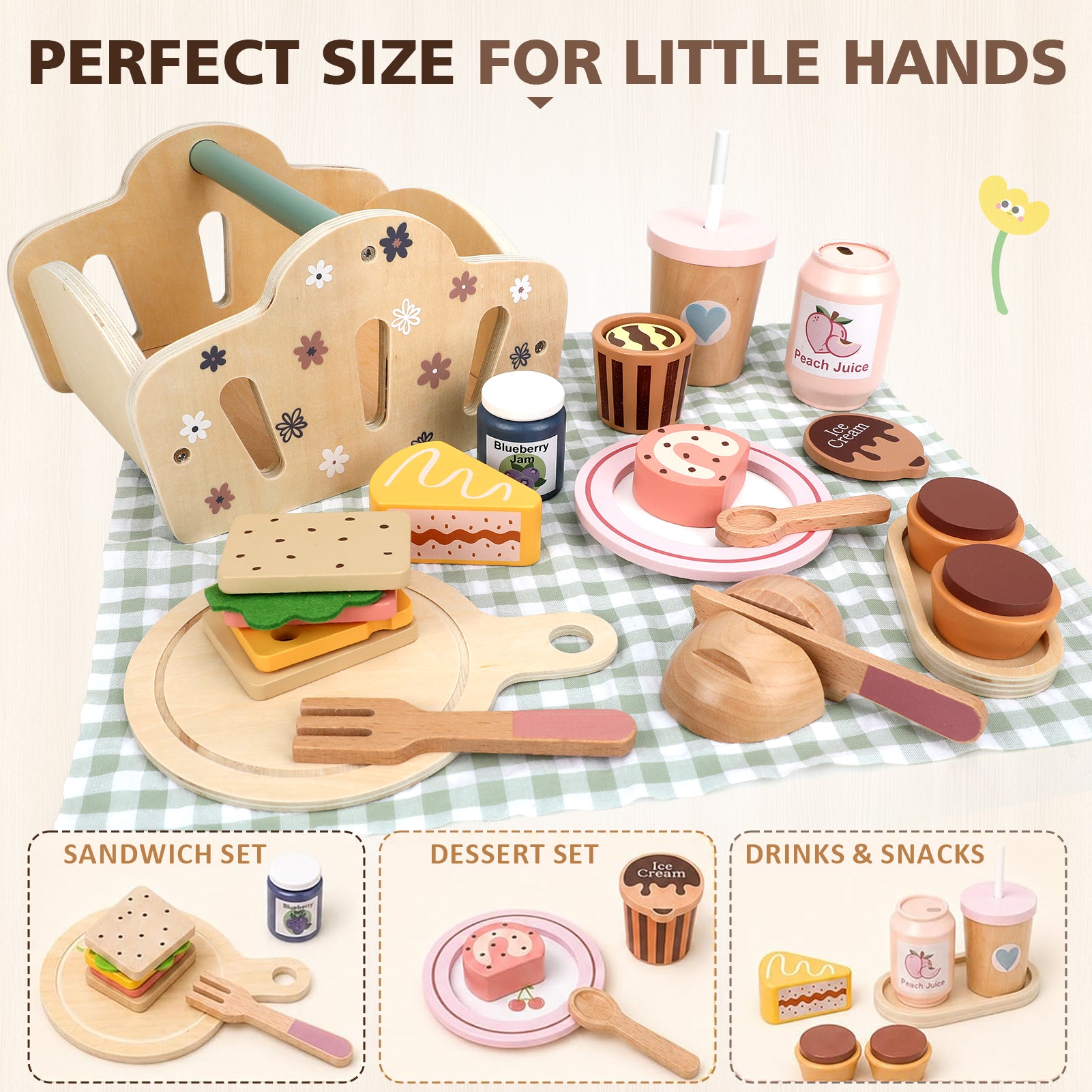 Flybay Wooden Picnic Playset for Toddlers, Pretend Play Food & Kitchen Accessories, Educational Role Play Toy, Birthday Gift for Kids Aged 3-5