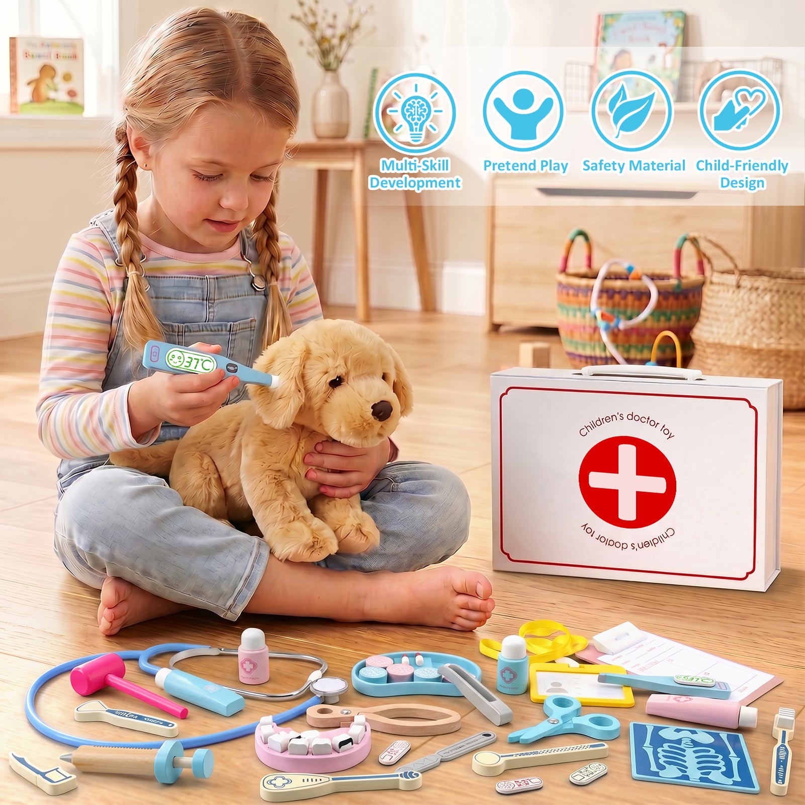 Flybay Wooden Doctor Play Set, 42+ Kids Doctor Kit for Toddlers with Storage Carry Case, Pretend Play Toys for Kids Boys and Girls Ages 3+