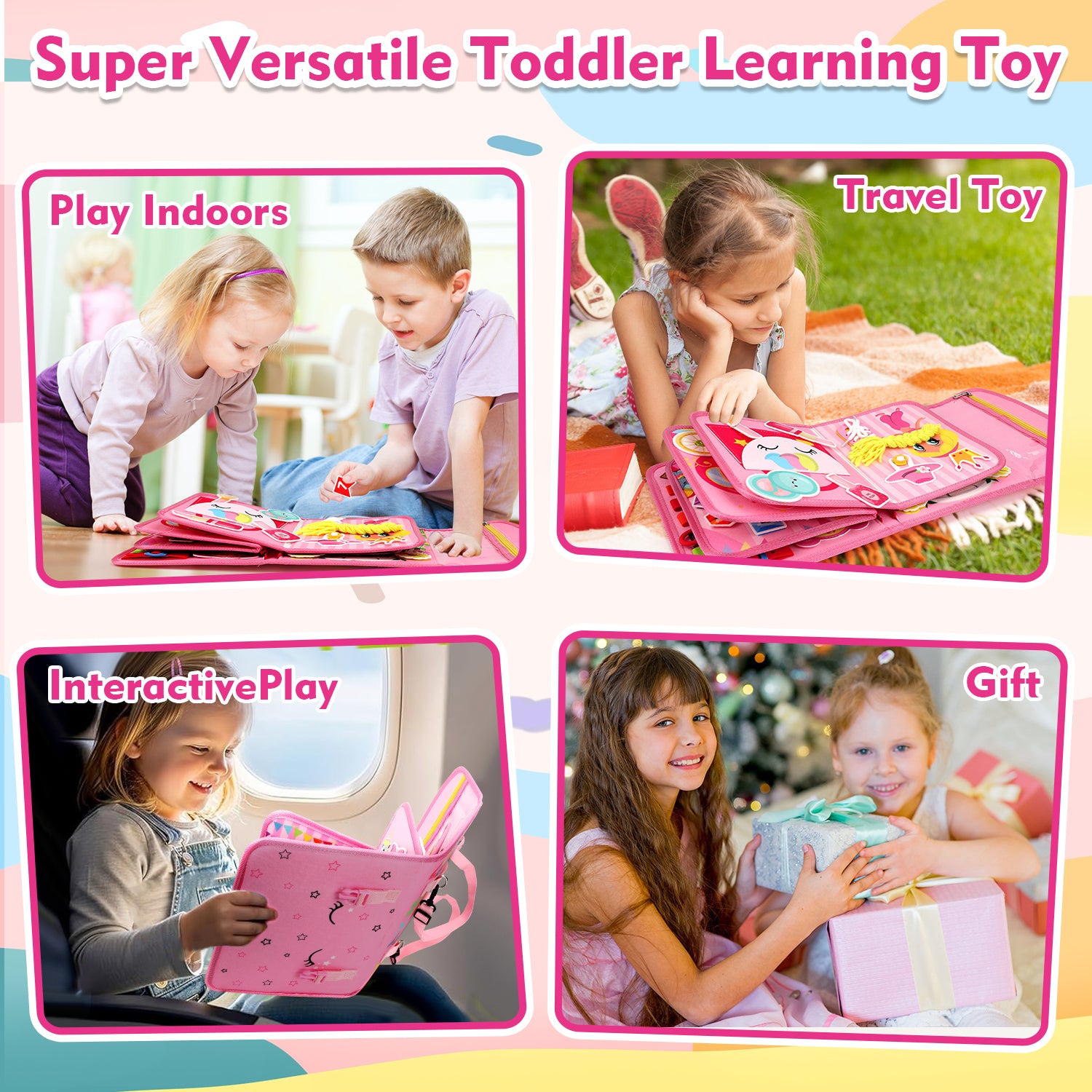 Flybay Busy Board Montessori Toys for Girls, Busy Book for 1-3 Year Old, Sensory Educational Activities for Learning Fine Motor Skills, Toddler Toys