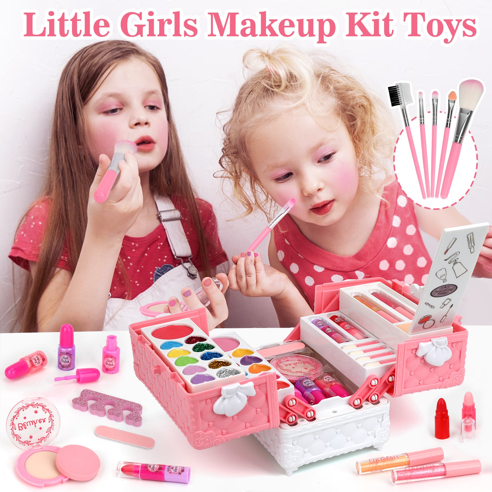 Feibely Kids Makeup Kit Girls Toys, 45 PCS Washable Kids Makeup Kit for Girls, Princess Play Make up Toy Birthday Gift for Girl Age 3-12